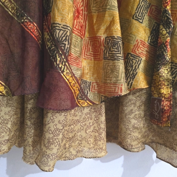 Bohemian Patchwork Maroon Brown Flowy Silk Wrap Skirt One Size - Picture 4 of 13
